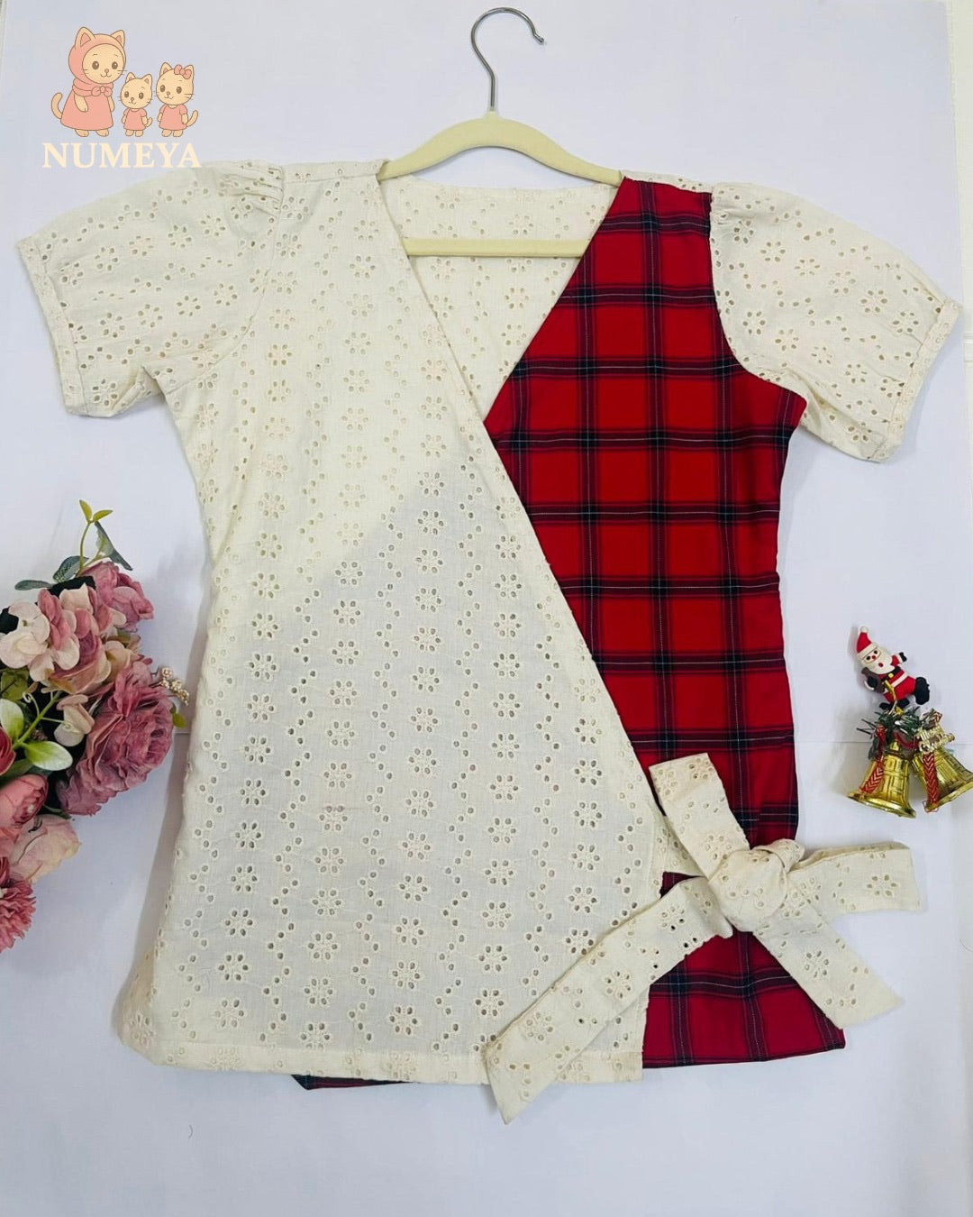 Off-white hakoba and red-check wrap dress for Moms