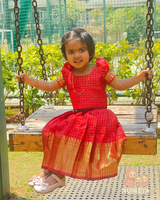 Girl's Festive Skirt & Top - Red Mangalagiri Silk