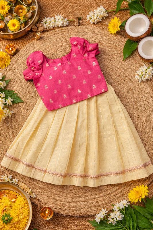 Girl's Festive Onion Pink Tissue Brocade Top and Golden Semi Chanderi Skirt
