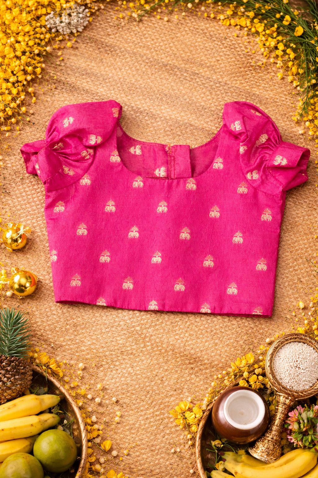 Girl's Festive Onion Pink Tissue Brocade Top and Golden Semi Chanderi Skirt