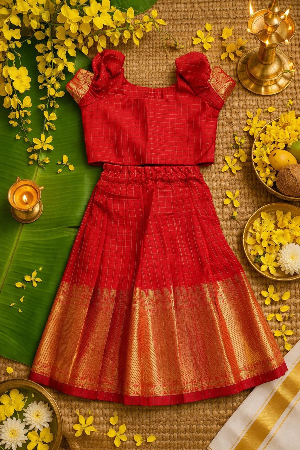 Girl's Festive Skirt & Top - Red Mangalagiri Silk