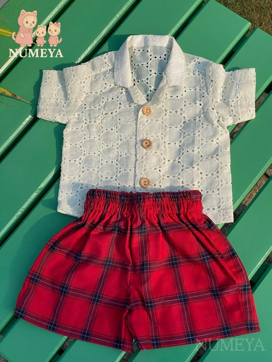 NM02 - Off-white Hakoba Shirt with Red Checkered Shorts for Boys