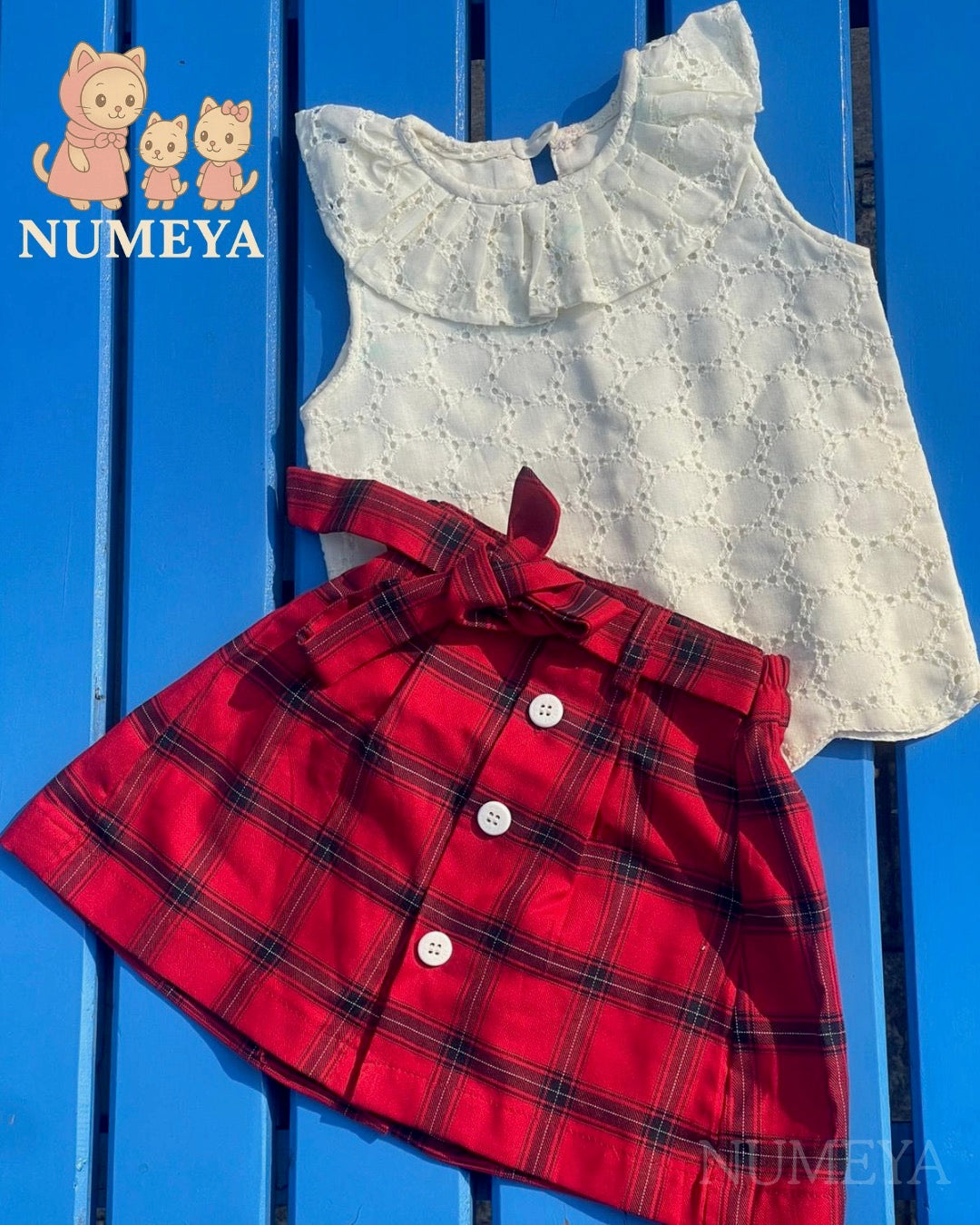 Off-white Hakoba Top with Red Checkered Skirt for Girls
