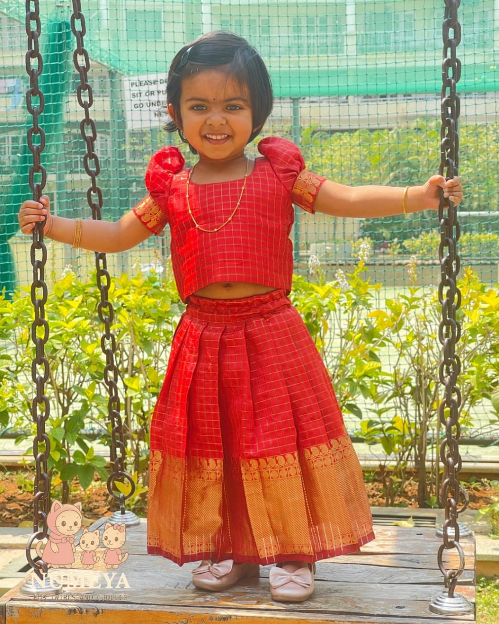 Girl's Festive Skirt & Top - Red Mangalagiri Silk