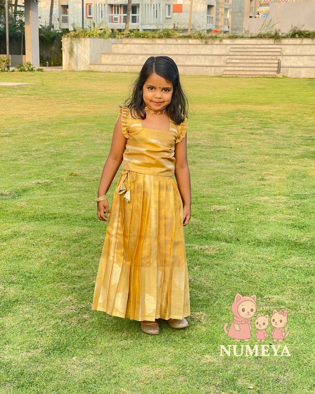 Girl's Festive Top and Skirt- Golden Copper Tissue Silk