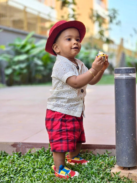 NM02 - Off-white Hakoba Shirt with Red Checkered Shorts for Boys