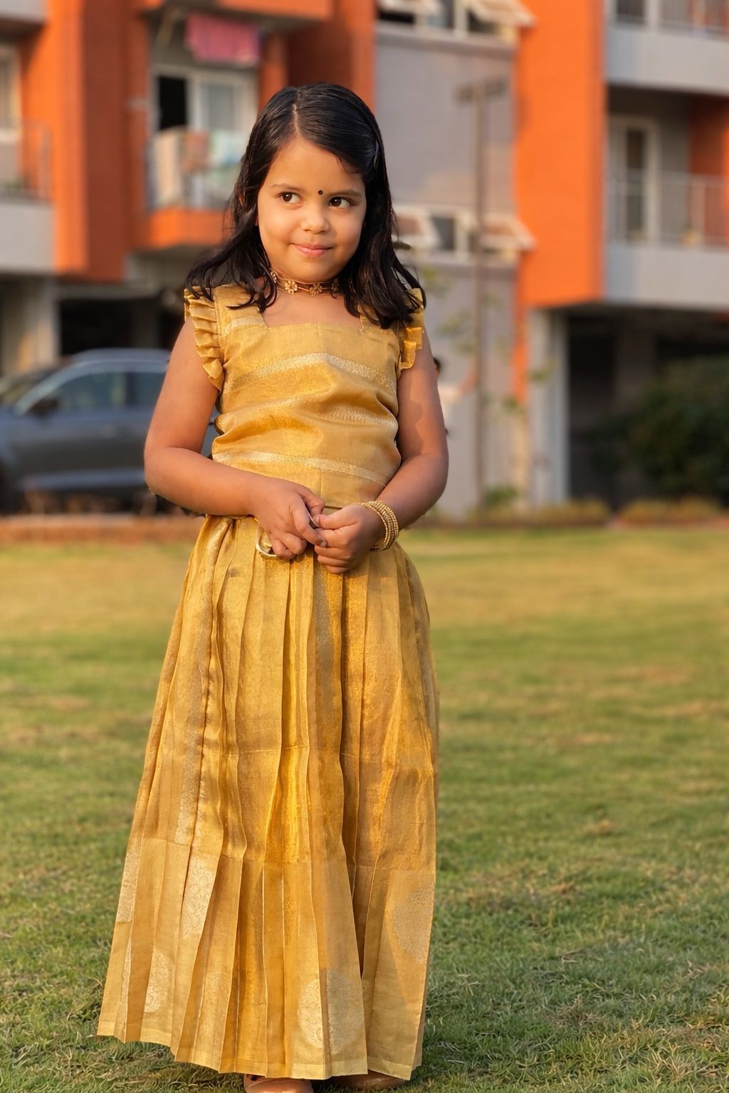 Girl's Festive Top and Skirt- Golden Copper Tissue Silk
