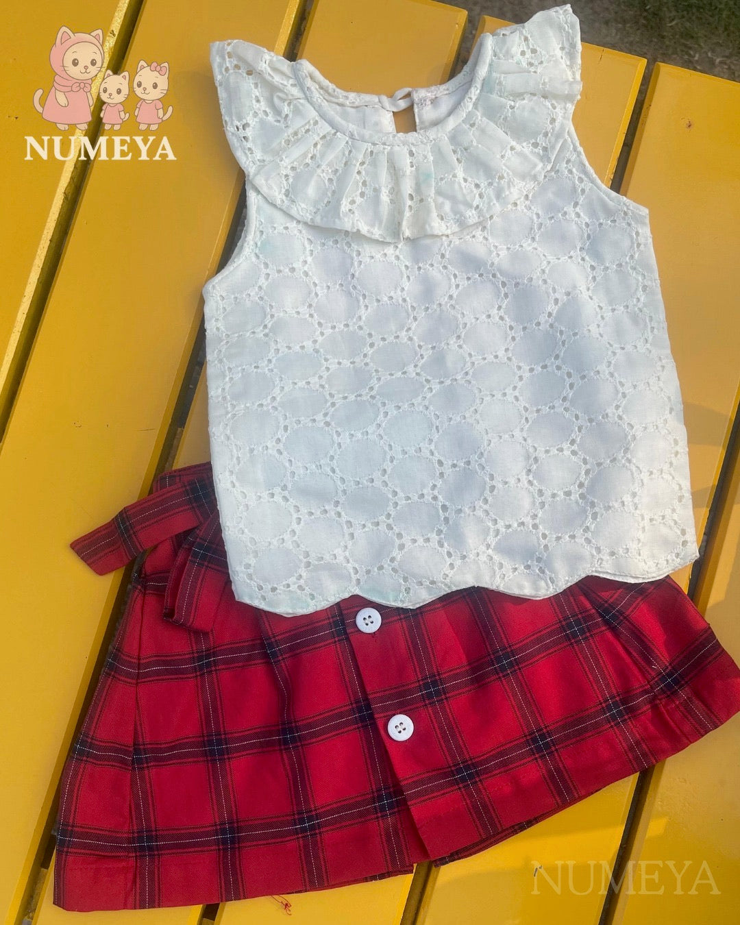 Off-white Hakoba Top with Red Checkered Skirt for Girls