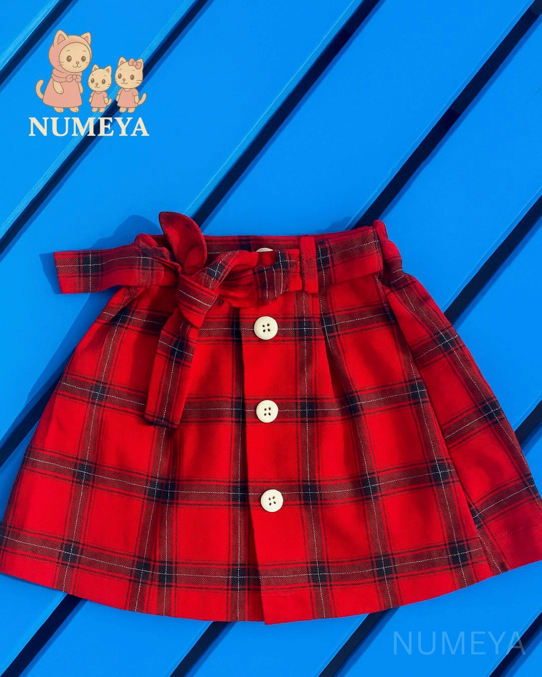 Off-white Hakoba Top with Red Checkered Skirt for Girls