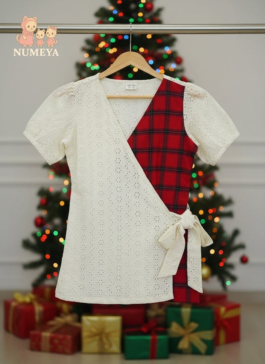 NM05 -Off-white hakoba and red-check wrap dress for Moms
